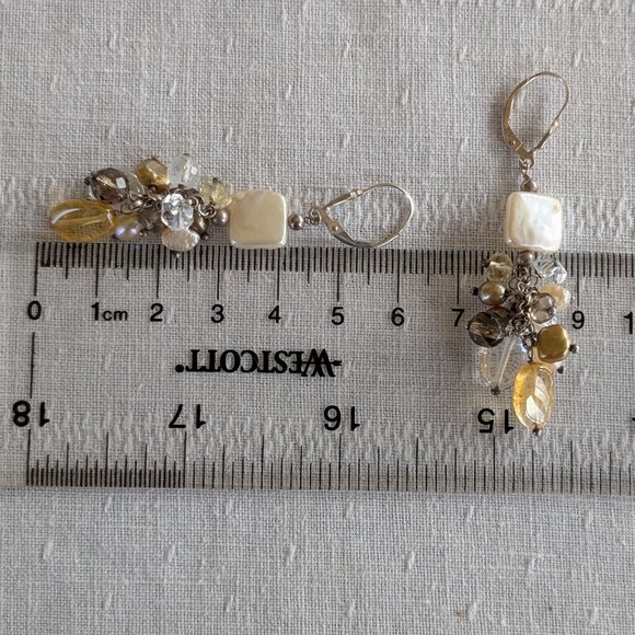 Long Sterling Cha-Cha Dangle Earrings with Golden Gemstones and Pearls - Picture 9 of 10